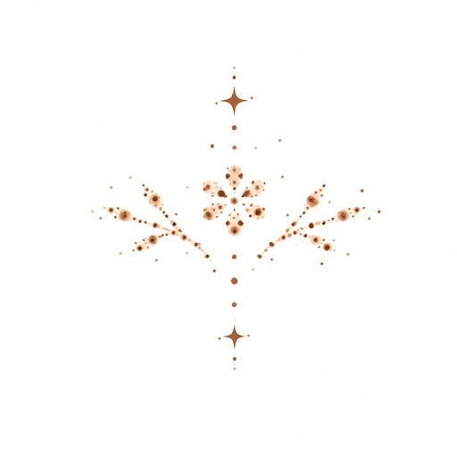 Minimalist freckle dot floral tattoo with star accents in light brown ink on white background