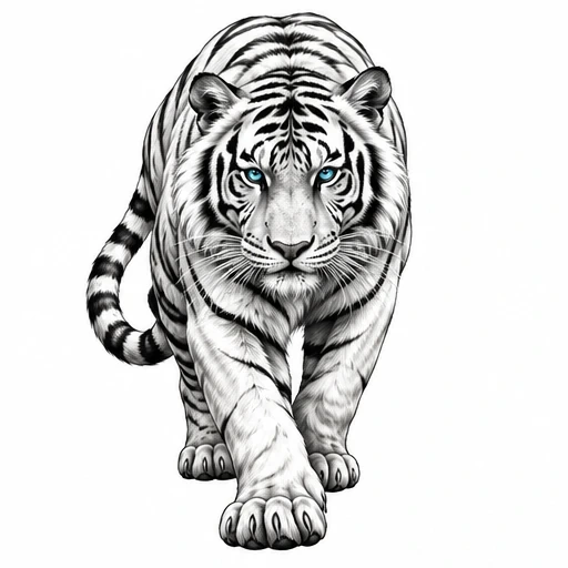 Realistic black and white white tiger walking forward with blue eyes