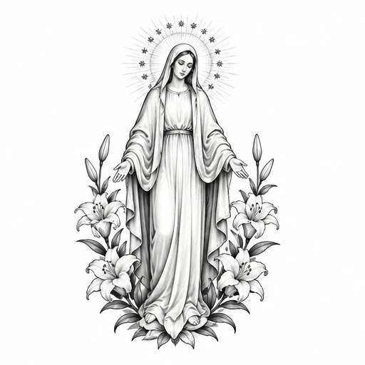 Tattoo of Mother Mary with open hands surrounded by lilies and a halo with stars
