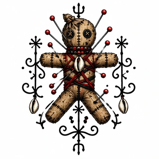 Illustration of a stitched voodoo doll pierced with red pins and decorated with black mystical symbols and shells.