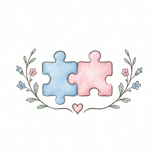Watercolor blue and pink puzzle pieces joined together with floral sprigs and heart underneath