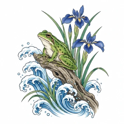 Tattoo design of a green frog on driftwood with blue iris flowers and stylized water waves.