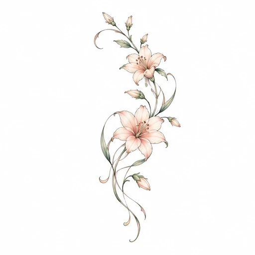 Delicate tattoo design of two peach lilies with green leaves and buds in a flowing vertical arrangement