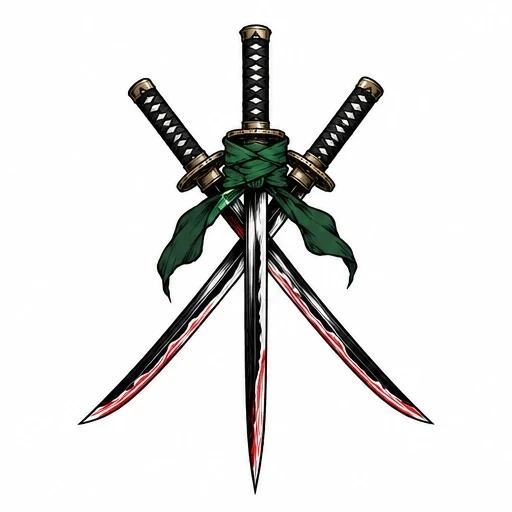 Three crossed katana swords with black and white handles, green cloth tied around central sword, red blood-like highlights on blades