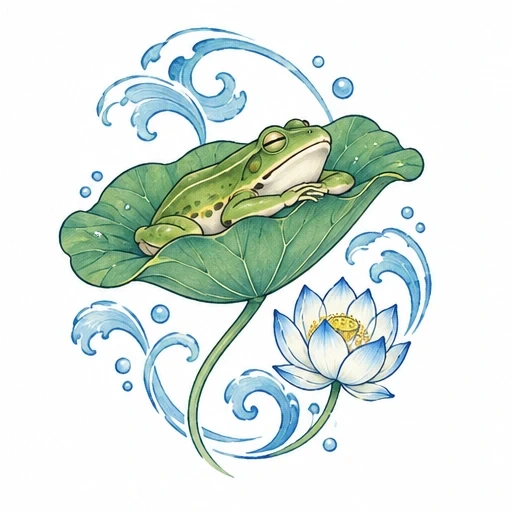 Green frog resting on a lotus leaf with water waves and a white-blue lotus flower