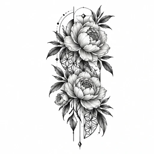 Black and grey quarter sleeve tattoo design with three peonies, leaves, and geometric patterns.