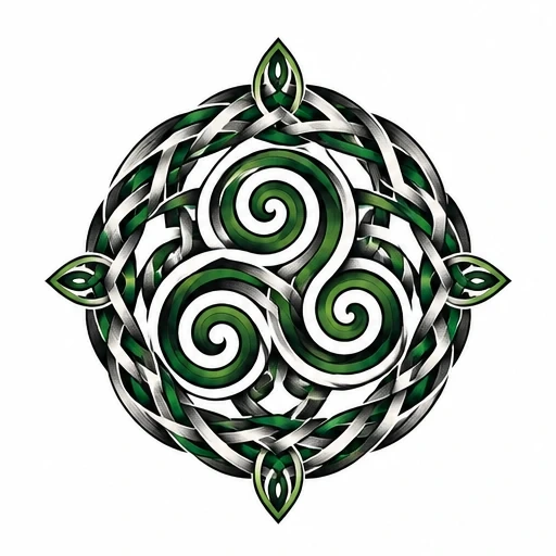 Celtic triskelion knot tattoo design in silver and green with detailed shading and symmetrical leaf-shaped accents