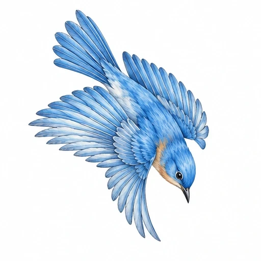 Tattoo art of a bluebird diving with wings spread wide in shades of blue and subtle tan details
