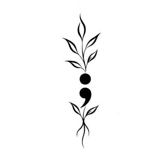 Black semicolon tattoo with stylized leaves growing above and below