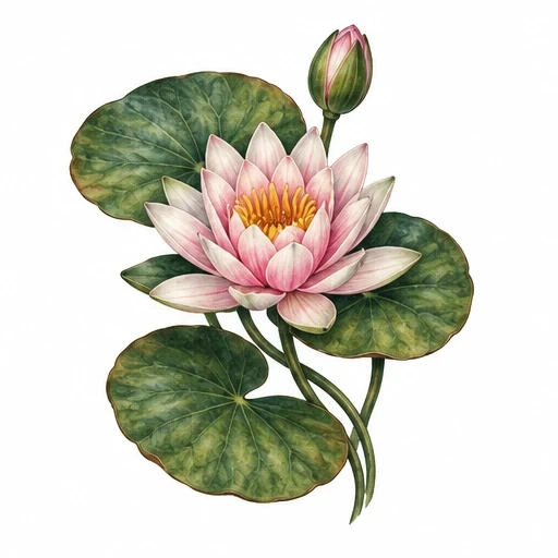 Pink lotus flower with yellow center and green leaves botanical illustration