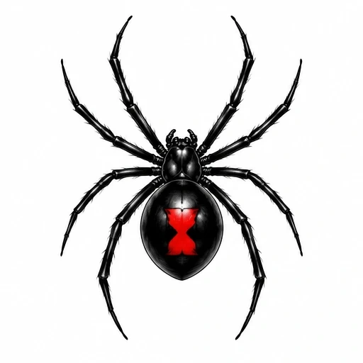 Black widow spider tattoo design with red hourglass marking on black abdomen and detailed segmented legs.