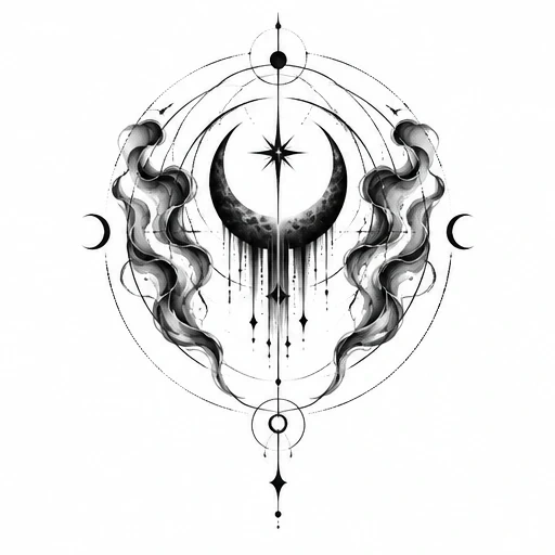 Black and gray tattoo design of a crescent moon with dripping elements, framed by flowing smoky shapes and surrounded by geometric circles and stars.