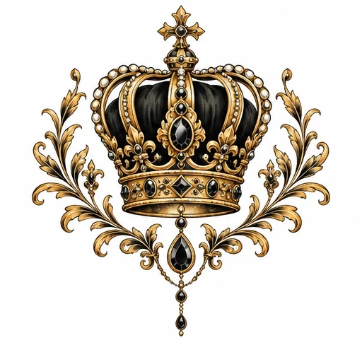 Gold and black imperial crown tattoo design with pearl accents and gold floral decorations