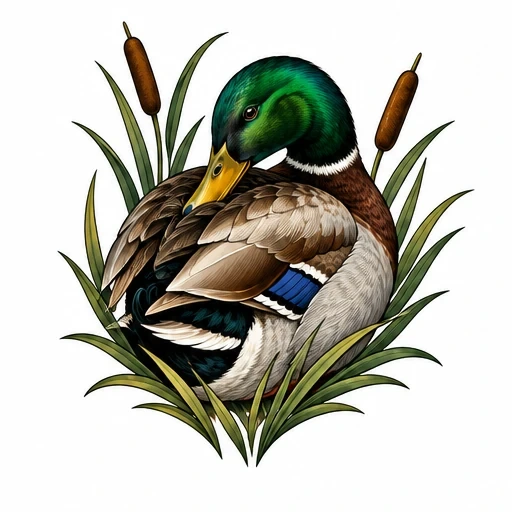 Illustration of a mallard duck resting amongst green reeds and brown cattails