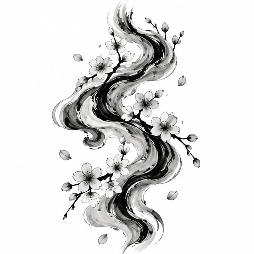 Black and gray sumi ink brush strokes intertwined with delicate cherry blossoms and petals