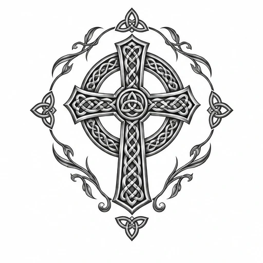 Black and grey Celtic cross tattoo with detailed knotwork and vine-like ornamental flourishes