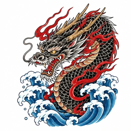Traditional Japanese black dragon rising from blue ocean waves with red flames surrounding it