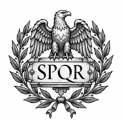 Black and gray tattoo design of an eagle with wings spread above a plaque reading SPQR, surrounded by a laurel wreath