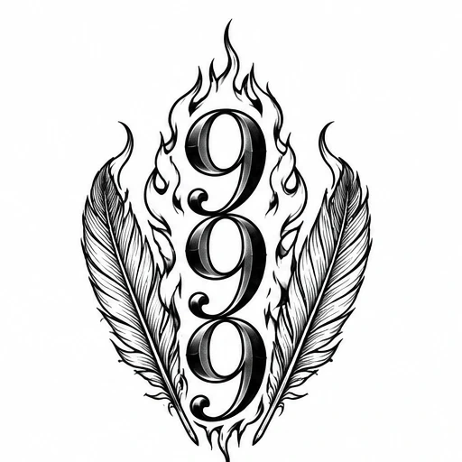 Tattoo design showing number 999 with flames around it and two feathers on each side in black ink