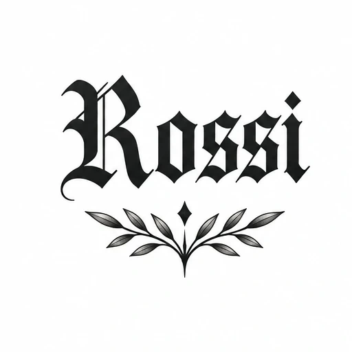 Blackletter tattoo design spelling 'Rossi' with a decorative leaf motif beneath.