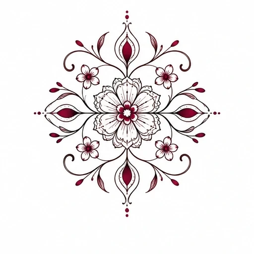 Symmetrical floral ornament with fine black outlines and burgundy accents on white
