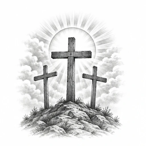 Three wooden crosses on rocky hill with radiant sun and clouds background