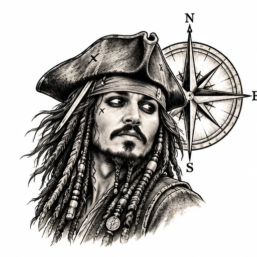 Black and white illustration of a pirate with braided hair and a compass rose behind him