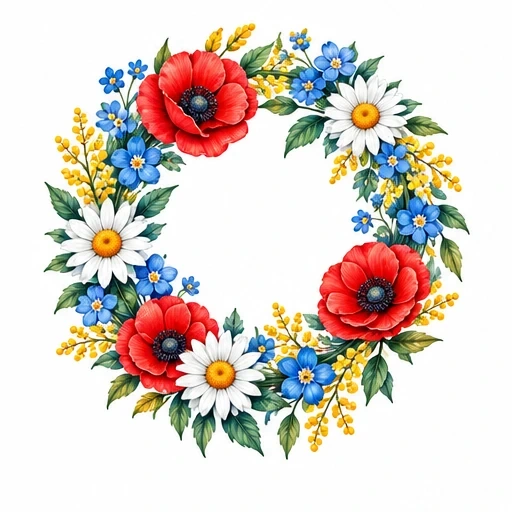 Circular floral wreath featuring red poppies, white daisies, blue flowers, and yellow buds with green leaves.