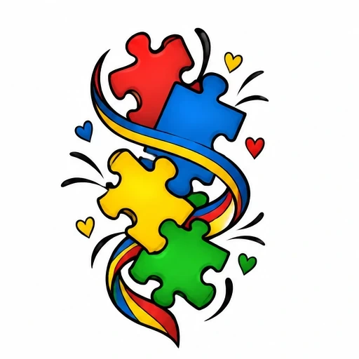 Vibrant tattoo design of interlocking red, blue, yellow, and green puzzle pieces with a swirling multicolored ribbon and small hearts