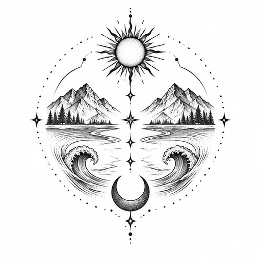 Black ink circular tattoo design of mountains, ocean waves, sun on top, crescent moon below, connected by dotted line with star details.
