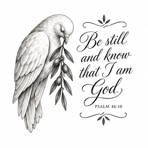 Grayscale drawing of a dove holding an olive branch next to a Psalm 46:10 quote in elegant script.