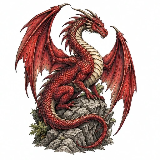 Red dragon with spread wings perched on rocky formation with greenery