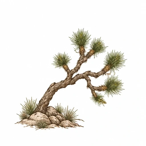 Tattoo design of a twisted Joshua tree with rocks and desert grass at its base in green and brown ink.