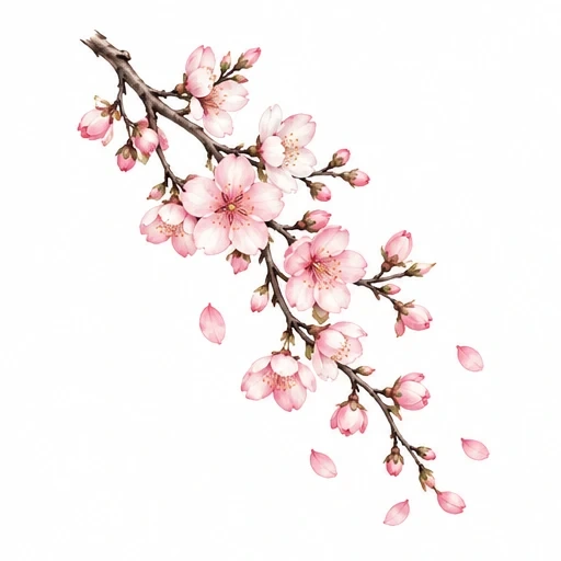 Cherry blossom branch tattoo design with pink flowers and falling petals