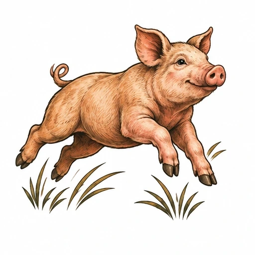 Illustration of a pig joyfully jumping over grass with curled tail and detailed features.