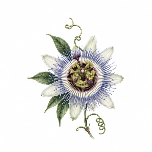 Micro realism tattoo design of a passionflower with white petals, blue filaments, and green leaves on white background