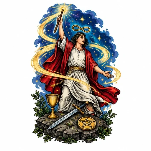 The Magician tarot card showing a figure with a wand surrounded by cup, sword, pentacle, infinity symbol and starry sky.