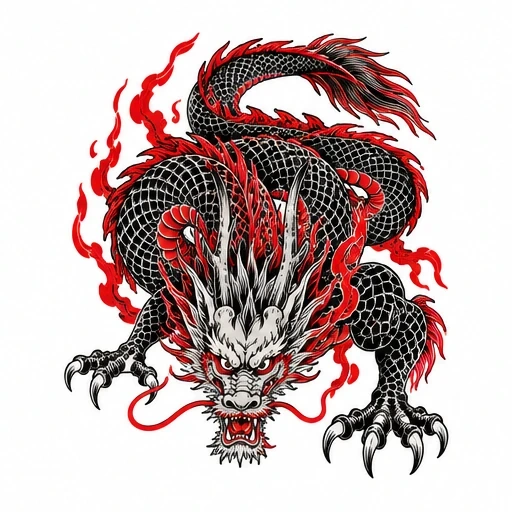 Black Kiryu dragon tattoo with red flames wrapped around its body in a striking pose