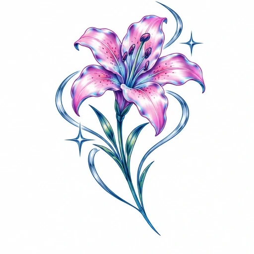 Pink lily flower with green leaves, blue swirling lines, and star accents in Y2K style