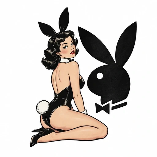 Pinup woman in black Playboy bunny costume kneeling beside Playboy bunny logo