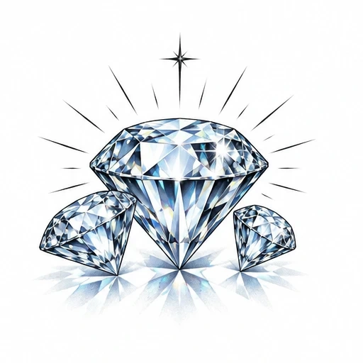 Illustration of three sparkling diamonds with geometric facets and radiant light effects.