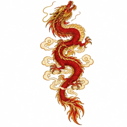 Red and gold Chinese dragon tattoo design with curling golden clouds