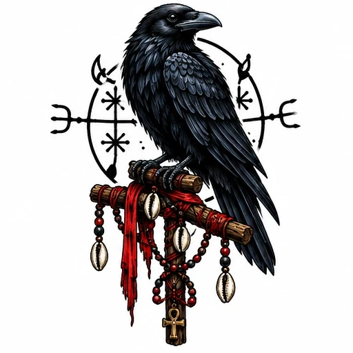 Black raven perched on a decorated wooden totem with red beads and voodoo symbols in the background