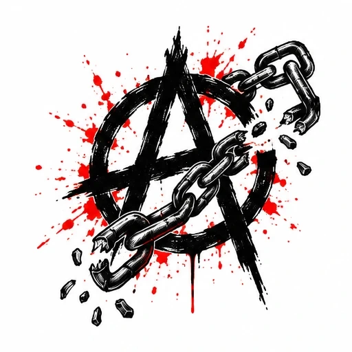 Black anarchy symbol with red paint splatters and broken chain crossing it