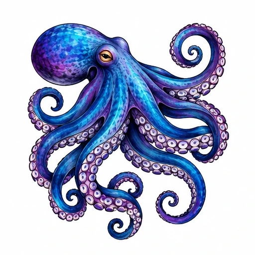 Illustration of a blue and purple octopus with curling tentacles and one visible orange eye
