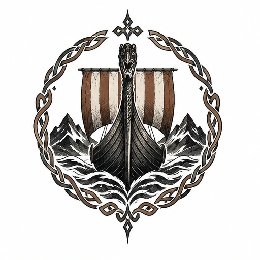 Tattoo design of a Viking longship with a dragon head prow, striped sail, waves, mountains, and a decorative Northern knot border.