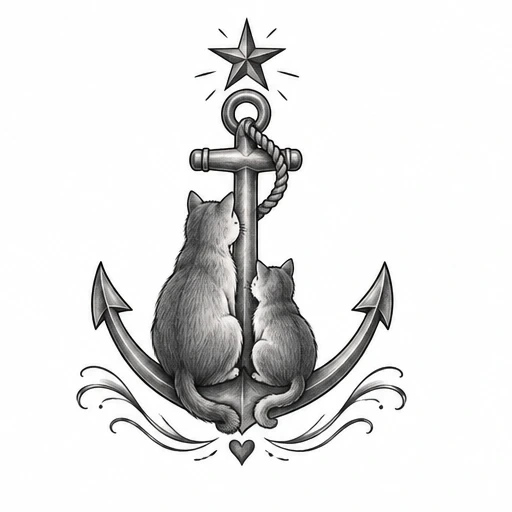 Two cats sitting on an anchor looking up at a shining star with rope and wave details