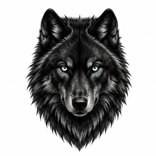 Black wolf head tattoo with piercing blue eyes and detailed fur