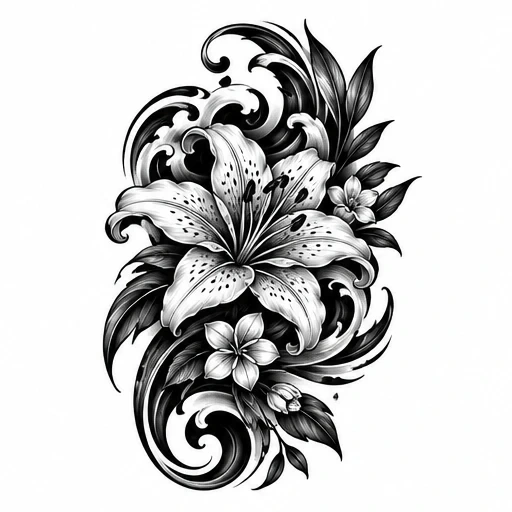 Black and grey tattoo design of a large lily flower with smaller flowers, leaves, and swirling shapes