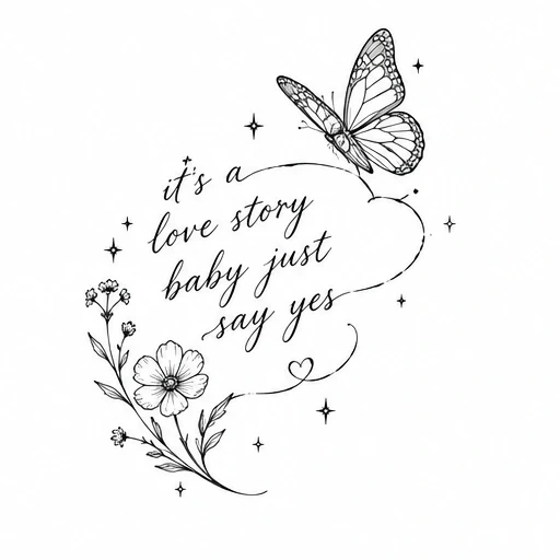 Fine line butterfly, flower, and script tattoo design with stars